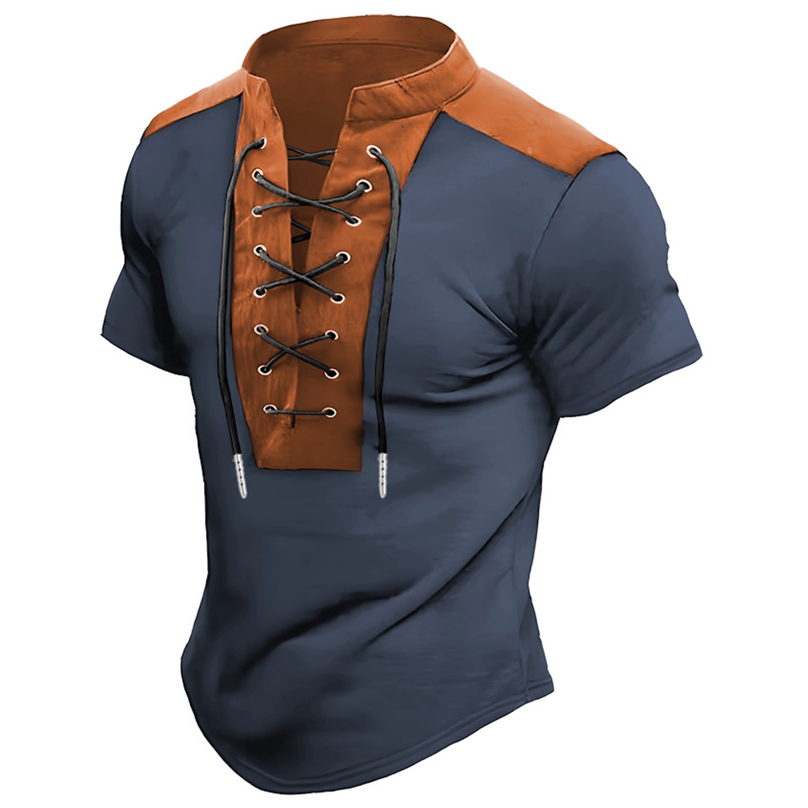 thumbnail image 4 of Camisa de manga corta con cuello alto y bloques de color para hombre - Cuello en V informal y cómodo - Poliéster/spandex, tallas M-XXXL, 4 of 4